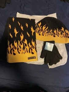 3 Piece Lot: Old Navy Hat & Scarf Set black w/ hotwheels Flame Design & Gloves - Picture 1 of 10