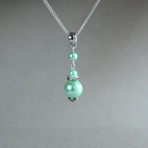 Mint green pearls silver plated chain wedding bridesmaid bridal pendant necklace - Picture 1 of 2