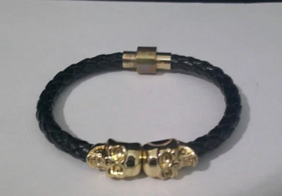 Braided leather gold twin skeleton skull bracelet with gift box - Image 1 of 4