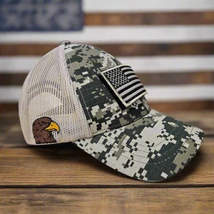 Embroidered US Flag Patch & Eagle Tactical Camo Hat Baseball Cap - Picture 1 of 11