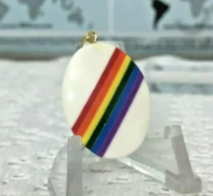 Vintage Acrylic 70's Rainbow Oval Pendant Necklace Retro Pride 2-sided - Picture 1 of 2