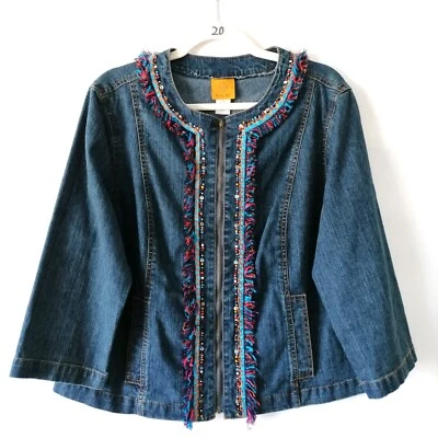 Ruby Rd. Womens Blue Full Zip Fringe Embellished Beaded Denim Jacket Size 16 - Image 1 of 4