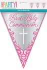 1st Holy Communion Bunting Girls Party Decoration Pink & Silver Foil Flag Banner