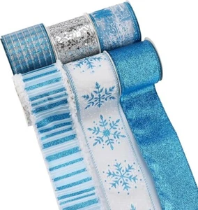 Christmas Ribbon Blue Silver Wired 2.5" Mayreel 6 Rolls/Box 36 Yards Total NEW - Picture 1 of 11