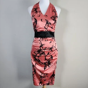 Le Chateau Salmon Dress Womens Small Bodycon Halterneck Lily Print Sheath Sexy - Picture 1 of 18