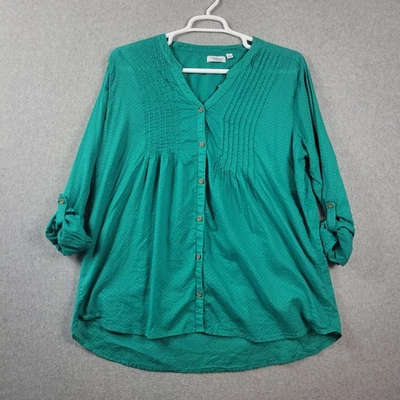 Blusa para mujer Great Northwest verde índigo algodón RTS plisada con botones Plus 2X  Foto 1 de 4