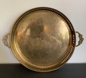 Vtg Solid Brass Round Reticulated Cut Outs Floral Handles Serving Tray - Picture 1 of 6