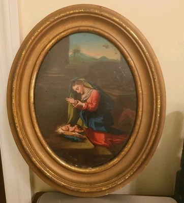 Antigua pintura al óleo de maestro Madonna y niño enmarcada ovalada auténtica Foto 1 de 4