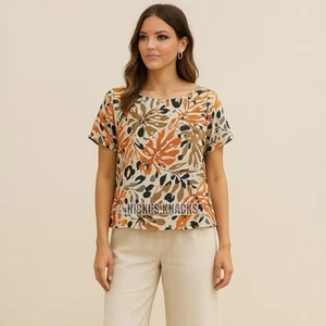 Tahari Linen Leaf Print Top Short Sleeve Rolled Cuff Boxy Vacation Shirt Size S - Bild 1 von 10