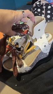 White brown mustard ribbon wedge sandals by Salt & Pepper, UK 6 - Picture 1 of 5