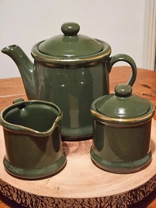 Vintage 1993 Premier Housewares Dark Green & Gold Trimmed Ceramic Teapot and Sug - Picture 1 of 9
