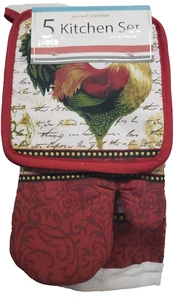 5pc Printed Kitchen Set: 2 Pot Holders,1 Oven Mitt &2 Towels,COLORFUL ROOSTER,GE - Picture 1 of 16
