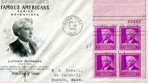 EDSROOM-A21 FDC 1940 SCOTT #876 - 1940 FA 3c Luther Burbank Plate Block of 4 - Bild 1 von 1