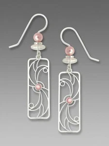 Adajio Earrings Shiny Silver Tone Windmill Pattern with Pink Cabochon Made in US - Picture 1 of 4
