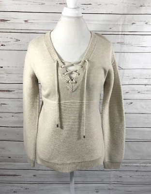 Bebe Sweater Women’s Large Beige Wheat Lace Up Tie Bust Long Sleeve NWT - Image 1 of 4