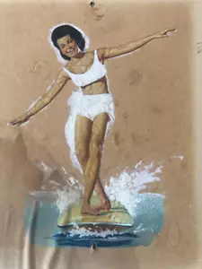 Original Annette Funicello painting surfing "Beach Party" on board 9x11 - Picture 1 of 5