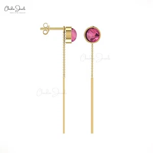 14K Real Gold Handmade Chain Threader Earrings with 1/2CTW Round Cab Tourmaline - Picture 1 of 22