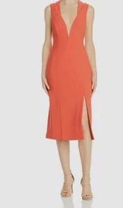 $155 Finders Keepers Women's Orange Lines Cocktail Deep V Neck Sheath Dress L - Picture 1 of 2