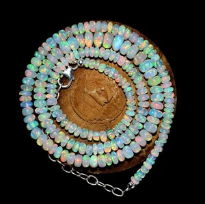 16"Natural Ethiopian Opal Welo Fire Opal Beads Necklace 925 Silver F3612 - Picture 1 of 5