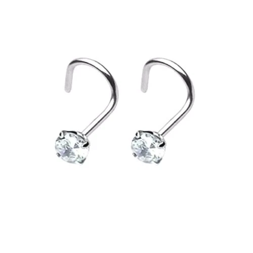 PAIR 18G 3MM PRONG SET CLEAR CZ GEM SURGICAL STEEL NOSE STUD SCREW RING