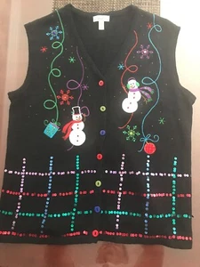 Kim Rogers Ugly Christmas Sleeveless Sweater Vest Black w/ Festive Snowman XL - Picture 1 of 8