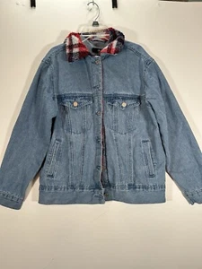 Denim Jacket Women fleece Misguided Red Plaid Collar Retro Sz Medium Light Wash - Picture 1 of 4