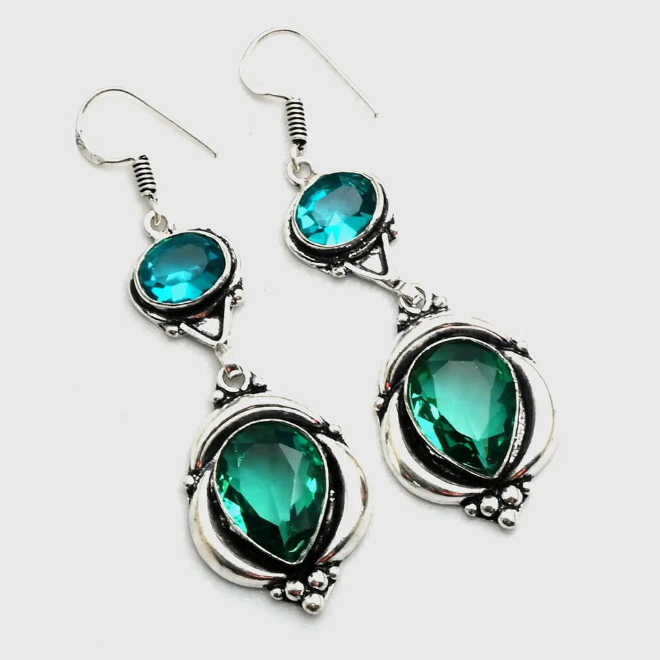 Brincos pendurados de gota feitos à mão com pedra preciosa topázio azul apatita 1,4" AE-12060 - Imagem 1 de 1