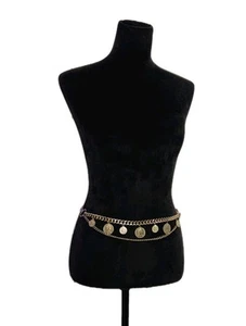 Vtg Y2K Women's Double Chain Belt Gold with Elizabeth II Coin Pendants one size - Picture 1 of 5