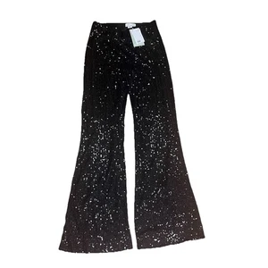 Pantalones de lentejuelas negros H&M pierna ancha acampanados cintura elástica forrados talla pequeña - Imagen 1 de 13