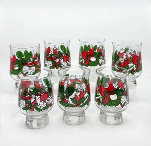 Vintage Weihnachten Gläser mit Fuß 7er Set - Kerzen Stechpalmenkranz Weihnachtsdeko - Bild 1 von 24