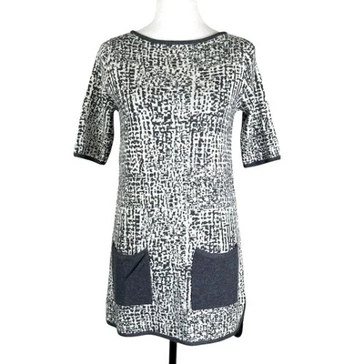 W by Worth New York S 100% Wool Gray Print Short Sleeve Mini Knit Sweater Dress - Image 1 of 4