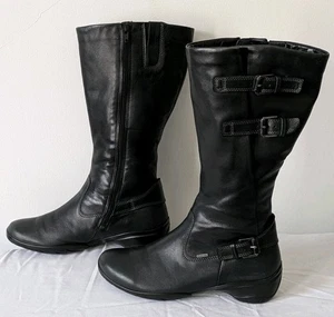 Ecco GoreTex Boots 38 Womens 7 BlackLeather Zip Mid Calf Side Zipper Two Buckles - Picture 1 of 17