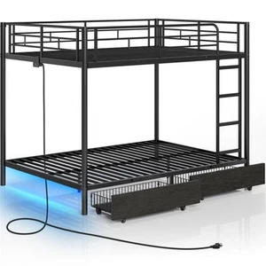 Metal Bunk Bed Full Over Full with USB Charging Station, LED Bunk Bed with 2 ... - Picture 1 of 7