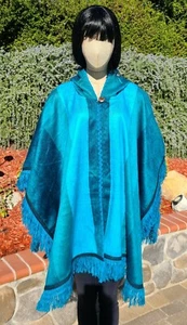 Alpaca hooded poncho f/ Ecuador baby soft wrap shawl turquiose NEW hood hoodie - Picture 1 of 7