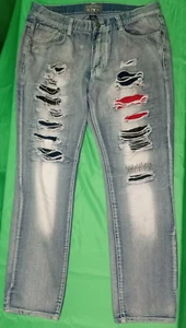 Bleecker &Mercer Mens Blue Denim Light Wash Distressed Red Yellow Jeans 36x34 - Picture 1 of 8