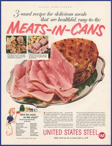 Vintage 1952 UNITED STATES STEEL USS Meats In Cans Canned Food 1950's Print Ad - Picture 1 of 1