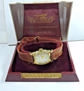 NOS Bulova Westfield Herren Armbanduhr gelb Top SS Boden Lederband alte Box - Bild 1 von 8