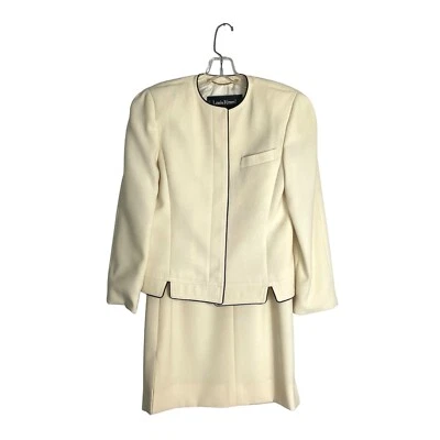 Louis Feraud Vintage Años 80 Beige Mezcla Lana Falda Traje Conjunto Talla 4 Foto 1 de 4