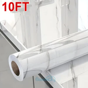 White Gloss Marble Contact Vinyl Paper, 10FT Self Adhesive Peel Stick Kitchen - Picture 1 of 17