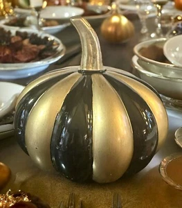 Fall Harvest Pumpkin Black Gold Metallic Pairs W/Mackenzie Childs Ceramic 9” NEW - Picture 1 of 2