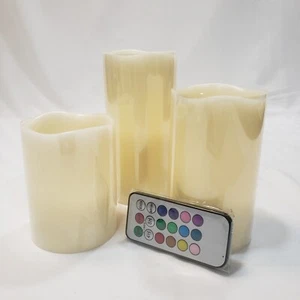 LED Flameless Pillar Candles 3pc Ivory Color Changing Remote Control Unscented - Picture 1 of 17