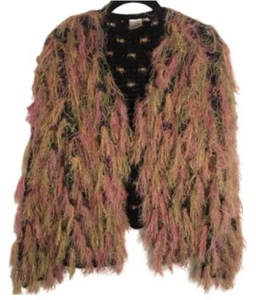 Esley Pink & Yellow Textured Fringe Cardigan Sweater Top S/M - Picture 1 of 12