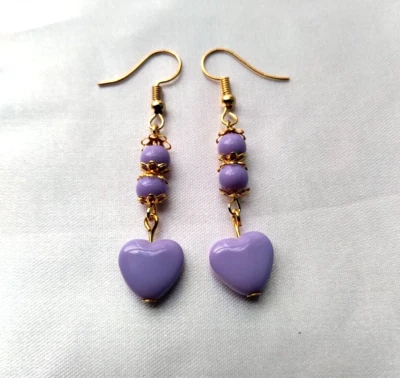 Lilac Purple Heart Bead Stick Dangle Earrings Handmade Gold Tone Hook Boho Chic - Image 1 of 4