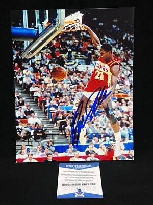 DOMINIQUE WILKINS DUNK ON RIM HAWKS SIGNED AUTOGRAPH 8X10 PHOTO BAS BECKETT COA - Image 1 of 3