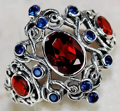 Anillo de filigrana de plata de ley 925 granate de fuego natural y zafiro de 2 quilates talla 6,7 US1 Foto 1 de 3