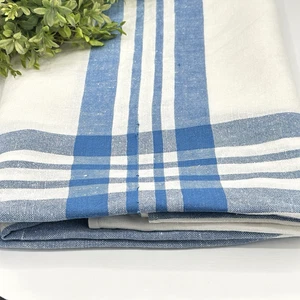 Vintage French Linen Flax Tablecloth White Blue Stripe Plaid 58.5” Square Woven - Picture 1 of 19