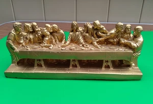 The Last Supper Signed Chalkware Statue Vintage MCM Golden  w Felt Bottom - Picture 1 of 24