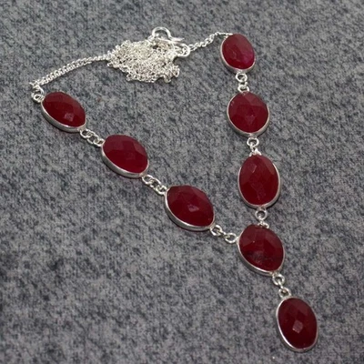 925 Silver Plated Exclusive Simulated Ruby Necklace Jewelry Size 20" AU z877 - Image 1 of 3