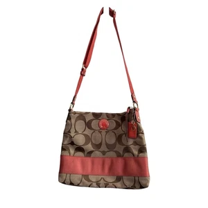 Coach Schultertasche khaki orange Signatur Jacquard Lederbesatz - Bild 1 von 5