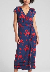 GAP Women's Navy Red Floral Wrap Maxi Dress SZ Medium EUC Boho Beach Classic - Picture 1 of 6